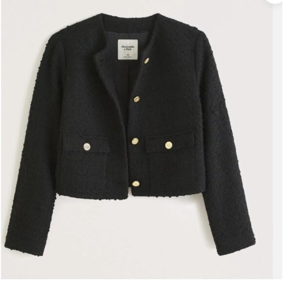 Abercrombie Fitch Collarless Tweed Jacket Black Size Medium - Picture 1 of 8